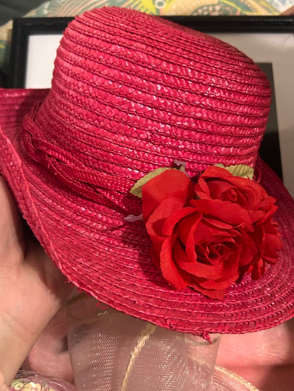 Red Straw Sun Hat with Rose Accent - Women Accessories